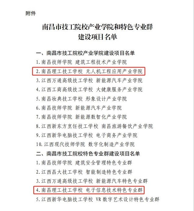 南昌理工技工学校获批无人机工程应用产业学院和电子信息技术特色专业群建设项目
